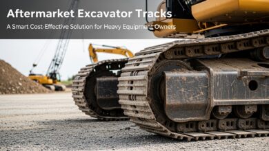 Aftermarket excavator tracks installed on a heavy-duty excavator for improved traction and durability